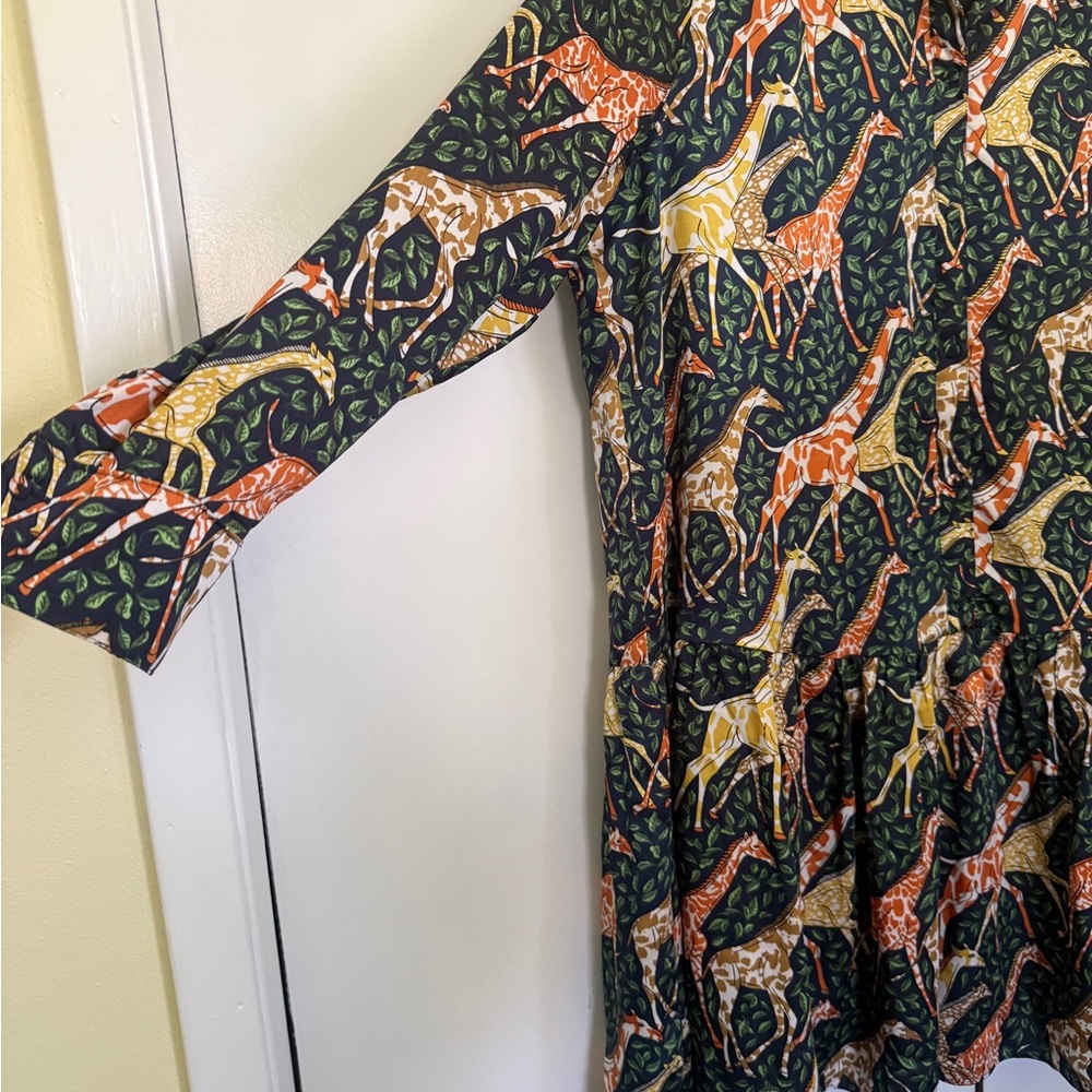 J. Crew Navy Dress with Orange & Mustard Giraffe Print - Picture 3 of 6
